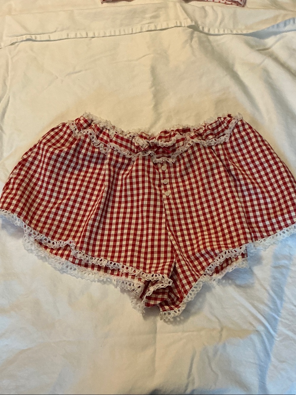 For Love & Lemons Red and White Gingham Lace-Trim Top